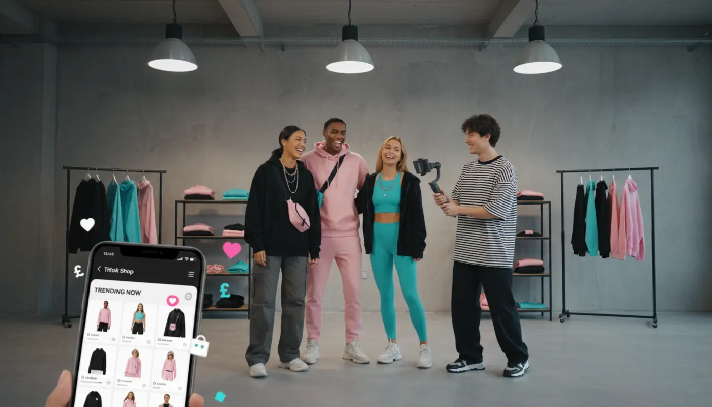 TikTok Shop fashion content creation in a UK studio with creators showcasing trendy clothing and ecommerce visuals.