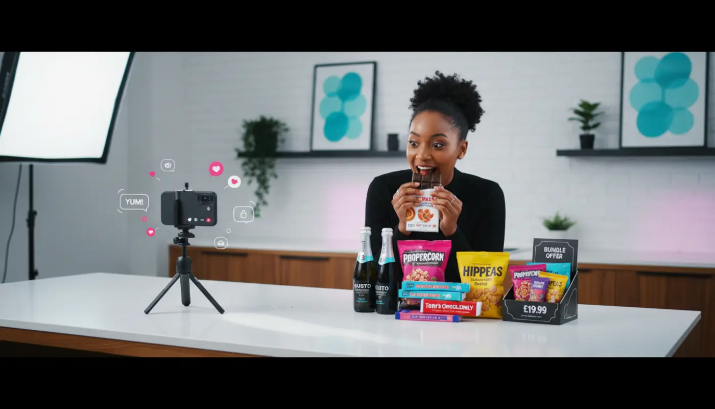 UK TikTok Shop creator filming food and drink products with live selling UI accents in a bright studio kitchen.
