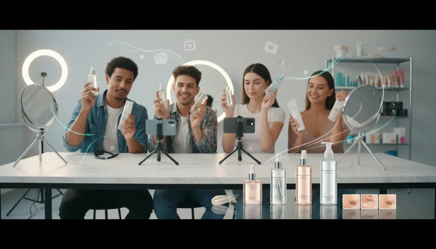 UK creators showcasing beauty products for TikTok Shop with subtle in-app icons and premium studio lighting.