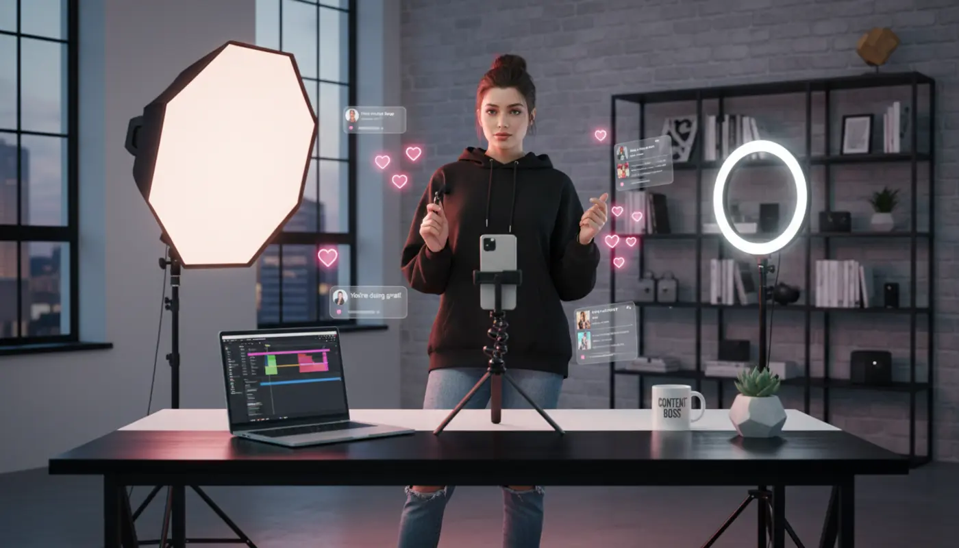 TikTok creator filming in a UK studio with neon accents and social media icons in a clean modern setup