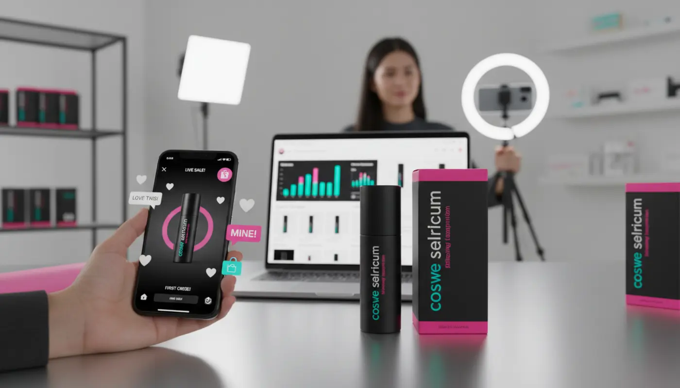 UK TikTok Shop product launch scene with creator filming and ecommerce setup for first sales growth.