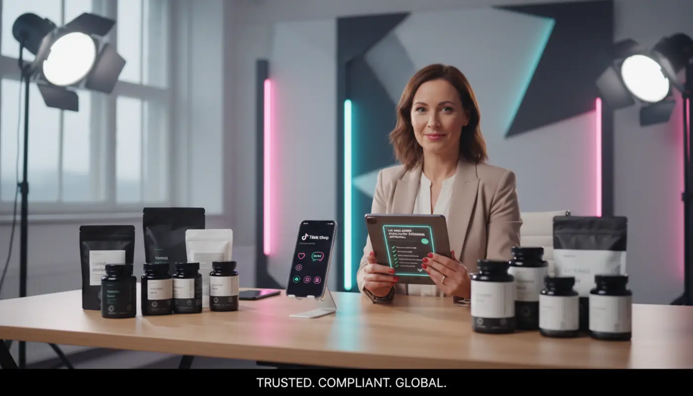UK TikTok Shop wellness seller reviewing supplement compliance with products and smartphone interface in a clean studio.