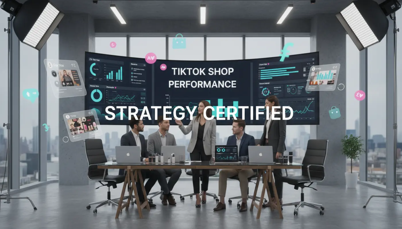 UK TikTok Shop agency team analysing live selling data with subtle TikTok UI elements in a modern studio