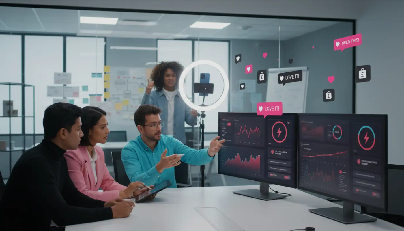 UK TikTok Shop operations team managing live selling, analytics and support with dashboards and icons.