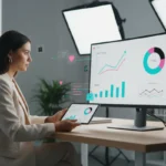 UK seller analysing TikTok Shop monthly performance dashboard with revenue and ROAS insights in a modern studio setting.