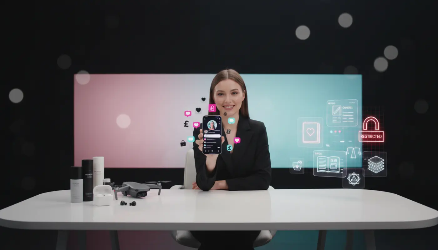 TikTok Shop UK setup showing physical products and restricted digital goods concept in a modern studio.