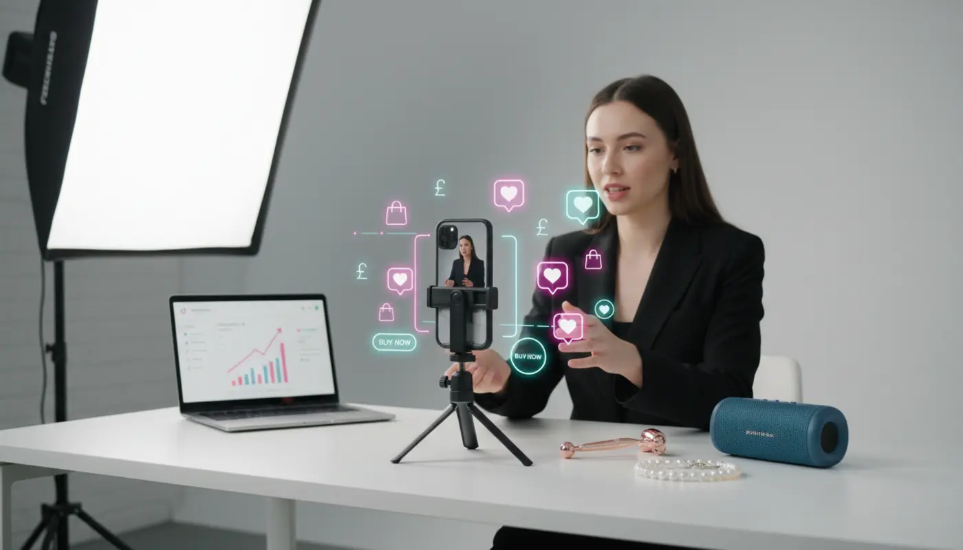 UK TikTok Shop creator filming product demo with sales icons and £ symbols ցույցing in-app shopping success.