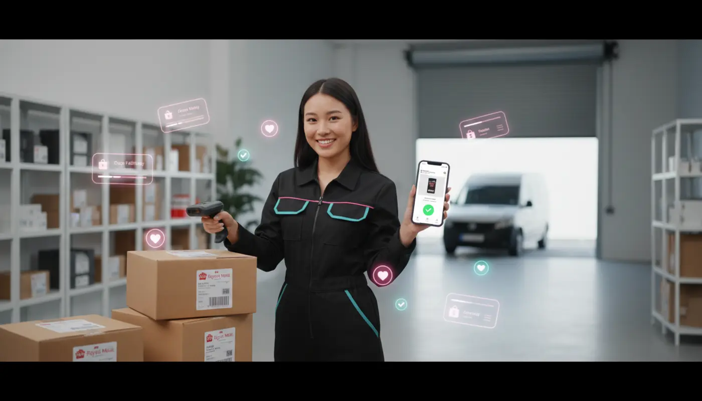UK TikTok Shop seller packing orders with delivery timeline graphics and parcels in a bright fulfilment studio.