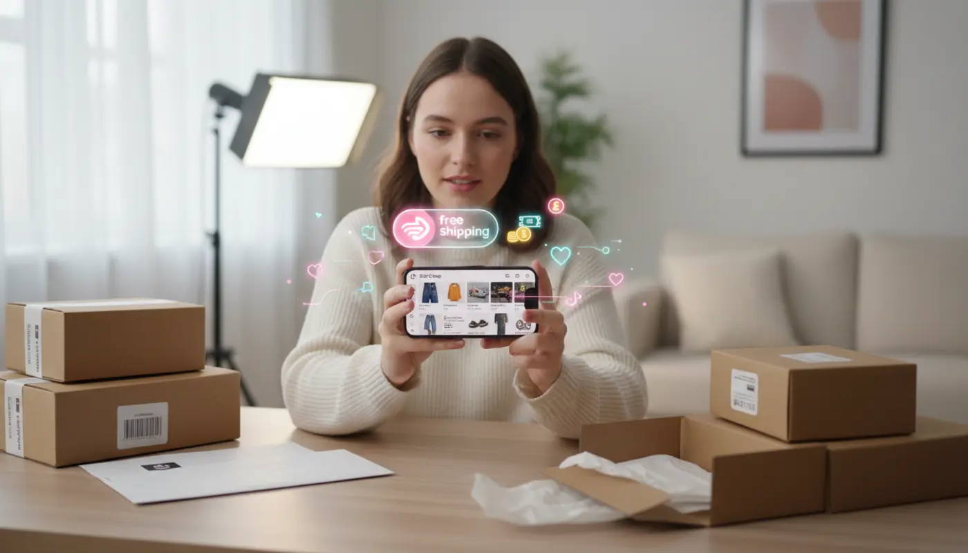 UK shopper using TikTok Shop app with free shipping voucher icons and parcels in a bright modern setting.