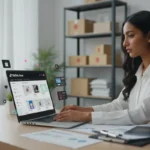 UK creator setting up TikTok Shop on laptop with ecommerce dashboard and products in a clean studio