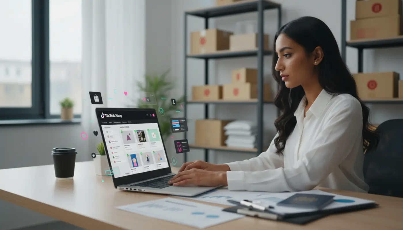 UK creator setting up TikTok Shop on laptop with ecommerce dashboard and products in a clean studio