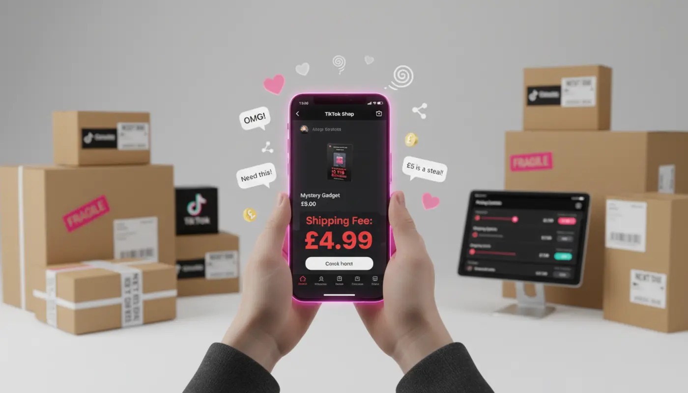 TikTok Shop UK checkout showing high shipping cost with parcels and pricing elements in a studio setting.