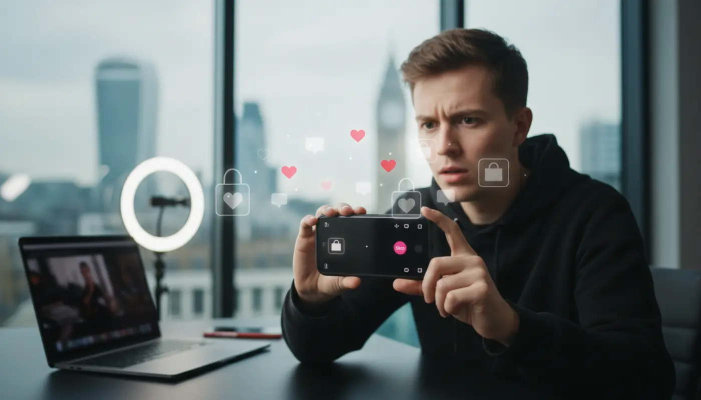UK TikTok creator looking at phone with missing TikTok Shop icon in clean studio setting.