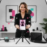 UK TikTok Shop seller filming product video with shoppable interface and analytics in a bright studio