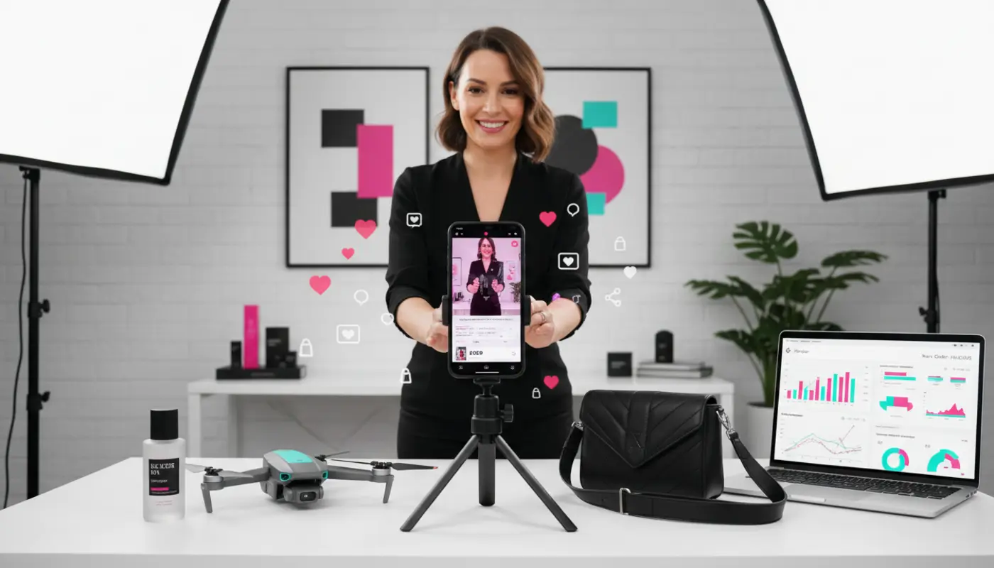 UK TikTok Shop seller filming product video with shoppable interface and analytics in a bright studio