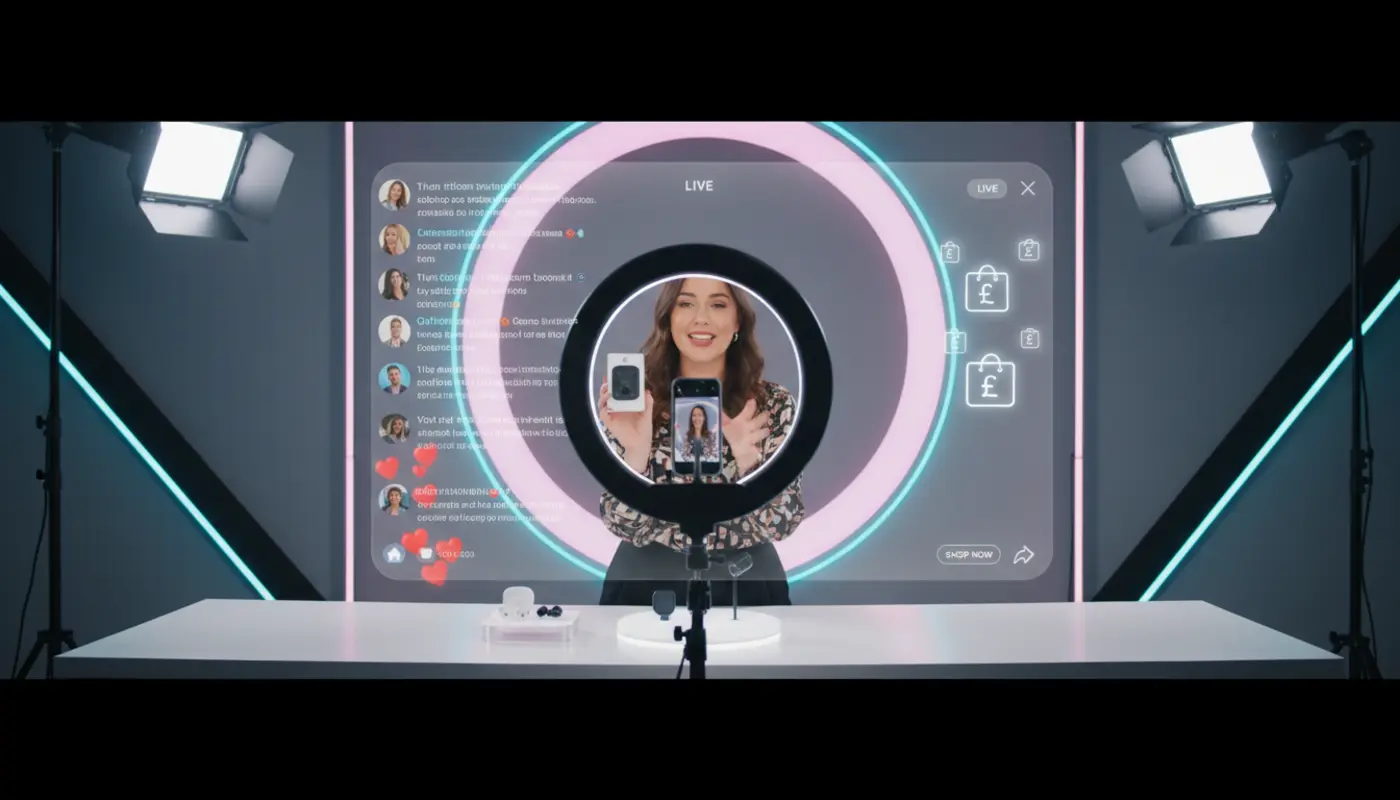 UK TikTok Shop live stream host demonstrating products with real-time comments and shopping icons building customer trust.
