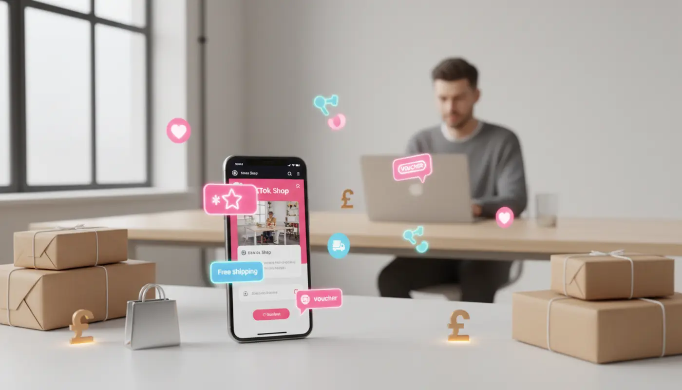 TikTok Shop free shipping vouchers shown on smartphone in UK ecommerce workspace with parcels and checkout scene.