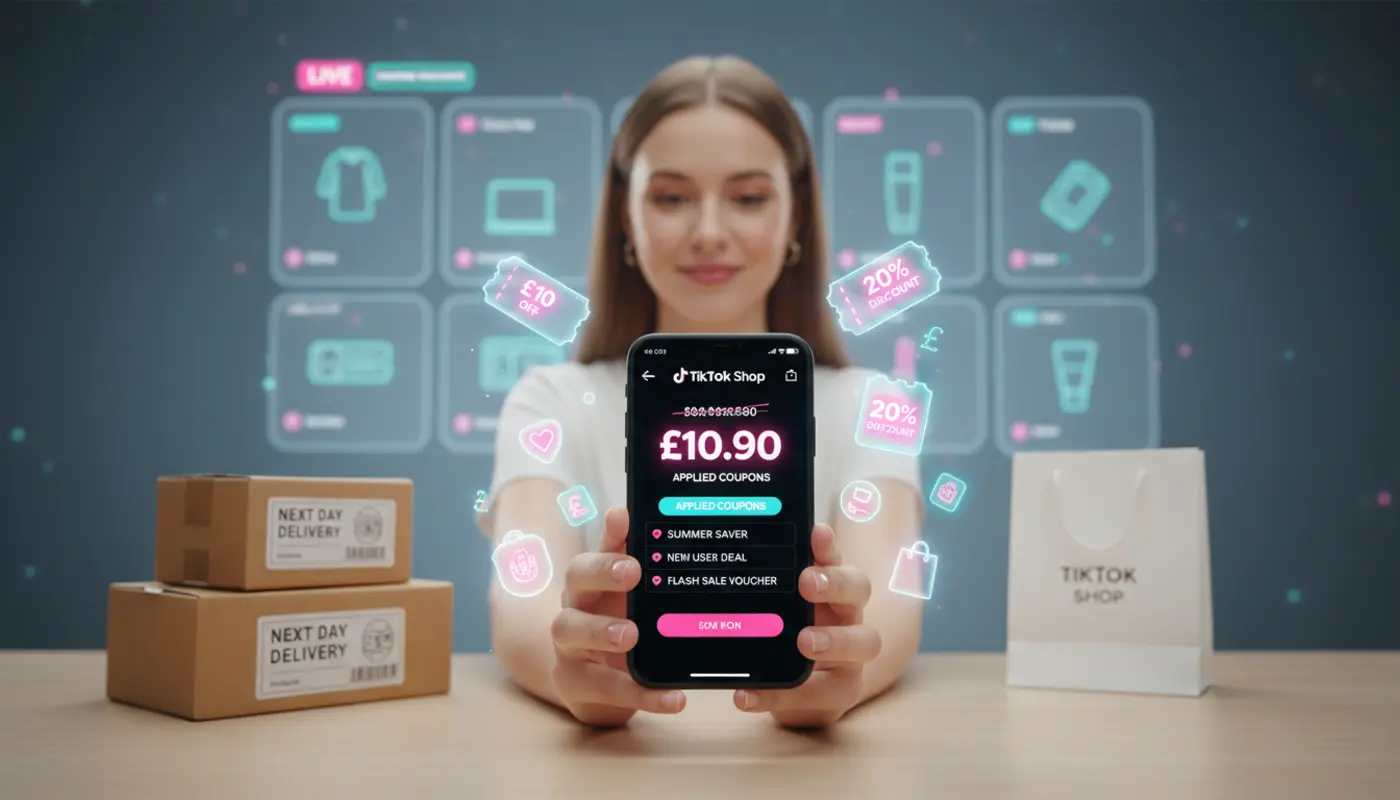 UK shopper using TikTok Shop coupons on a phone with visible discounts and checkout savings