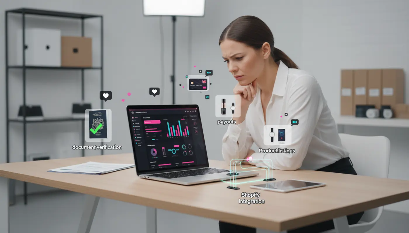 UK TikTok Shop setup scene showing verification, listings, integration and payouts in a clean studio environment.