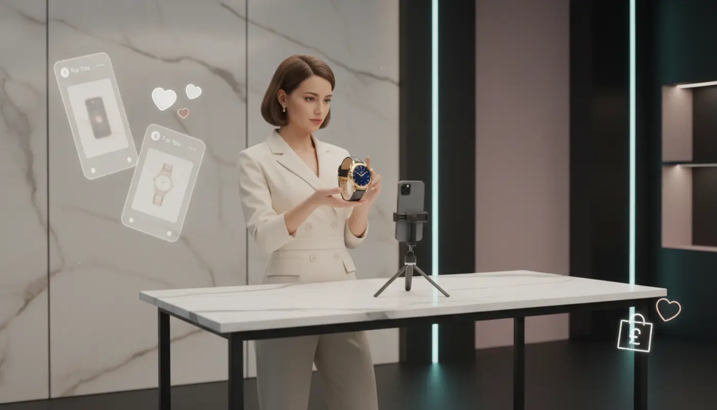 Luxury product showcased in UK TikTok Shop studio with creator and subtle social commerce icons.