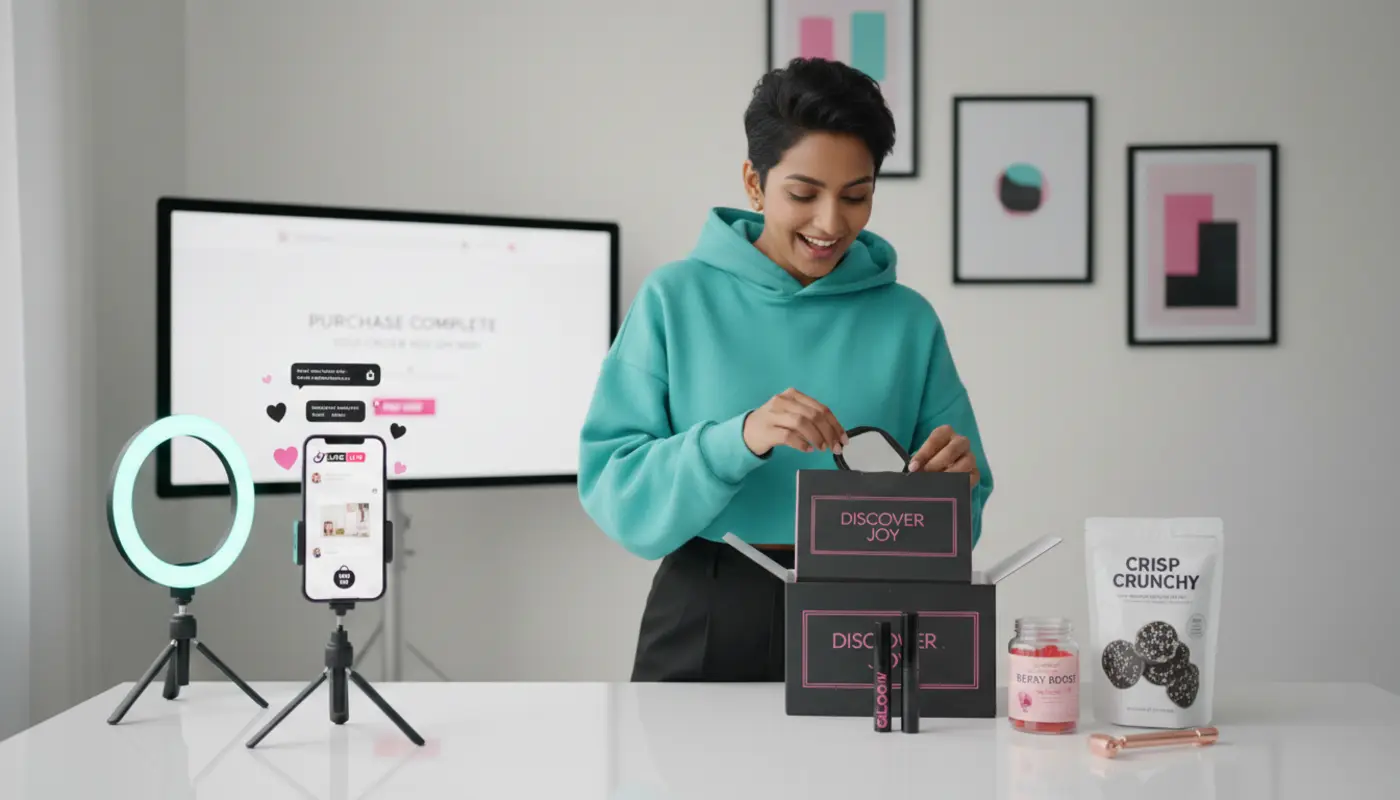 UK creator unboxing subscription box on TikTok Shop LIVE with products and ecommerce setup in background.