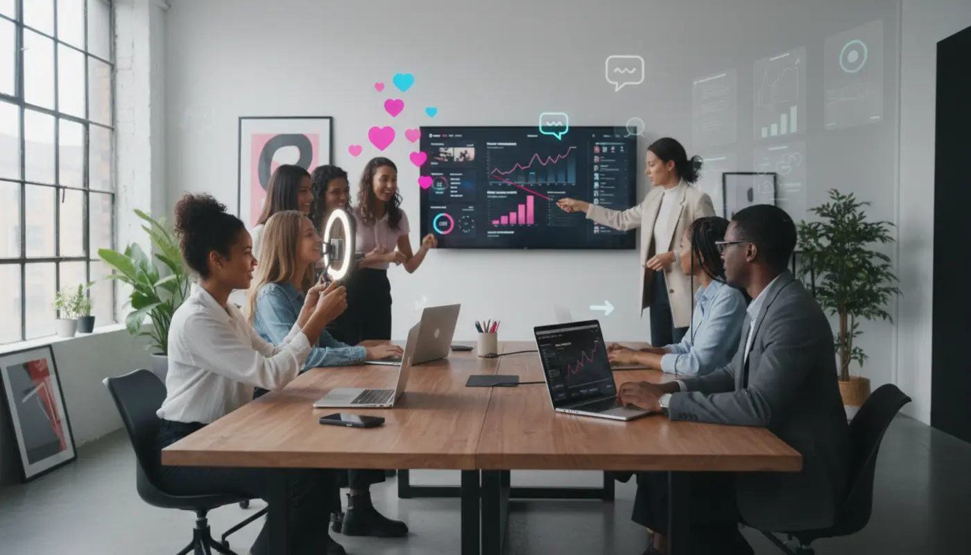 UK TikTok creators and marketing team collaborating in studio with influencer campaign visuals and analytics