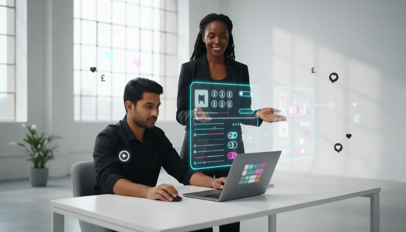 UK TikTok Shop owner and operator collaborating with permission controls and ecommerce visuals in a clean studio scene.