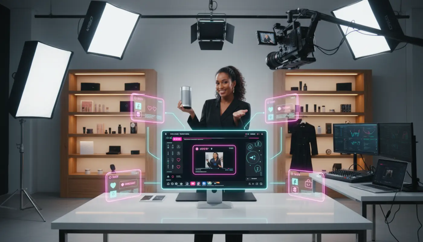 UK live shopping studio showing TikTok multistream setup broadcasting to multiple social platforms with ecommerce products.