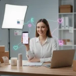 UK seller setting up TikTok Shop account with products and smartphone in a bright studio workspace.