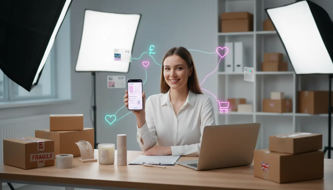 UK seller setting up TikTok Shop account with products and smartphone in a bright studio workspace.