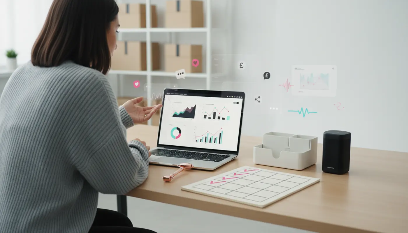 UK TikTok Shop product research desk with sales analytics, product samples and ecommerce icons.
