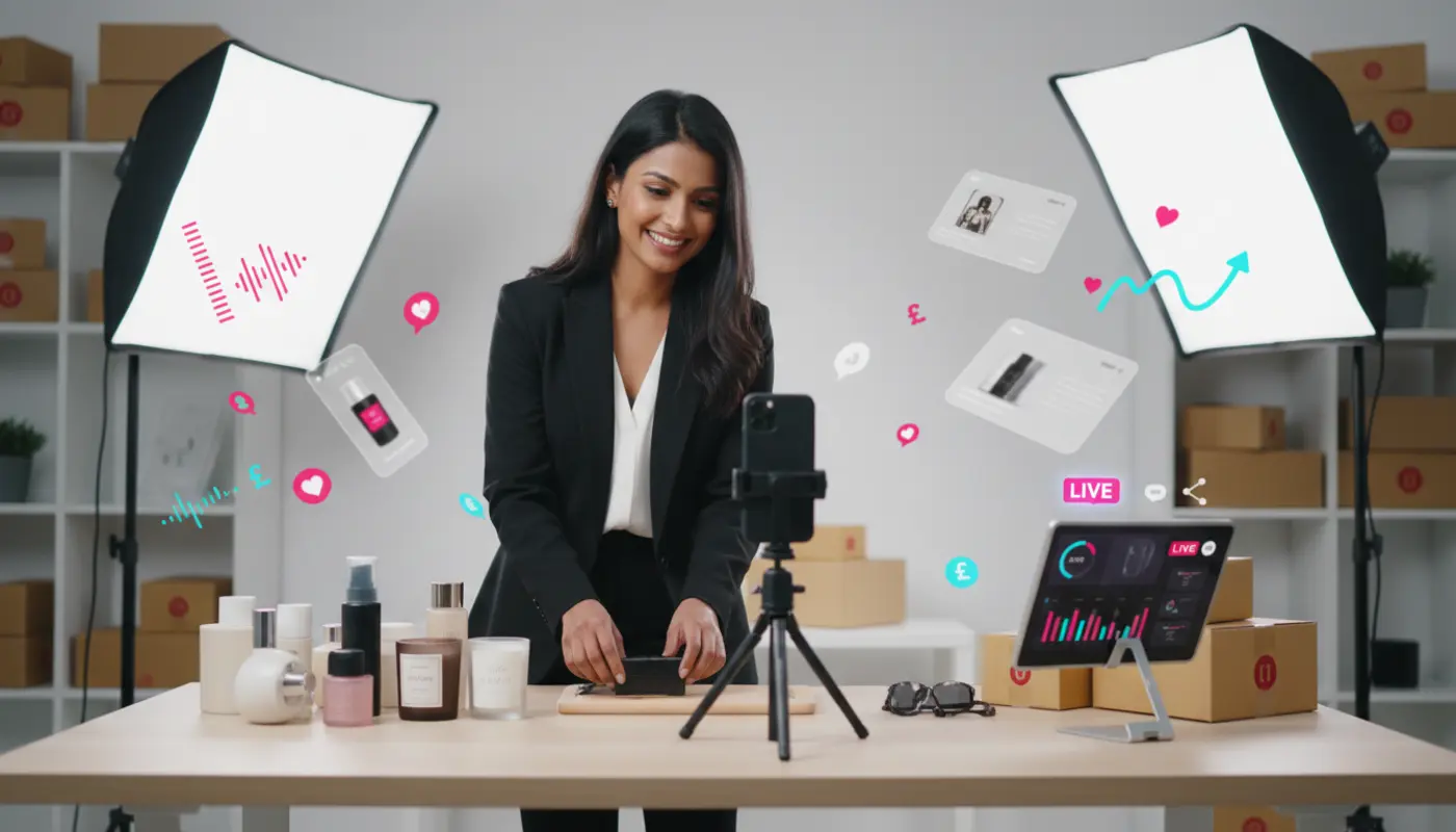 UK TikTok Shop seller filming product videos with sales analytics and shopping icons.