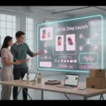 UK TikTok Shop setup scene with ecommerce products, creator tools and sales dashboard.