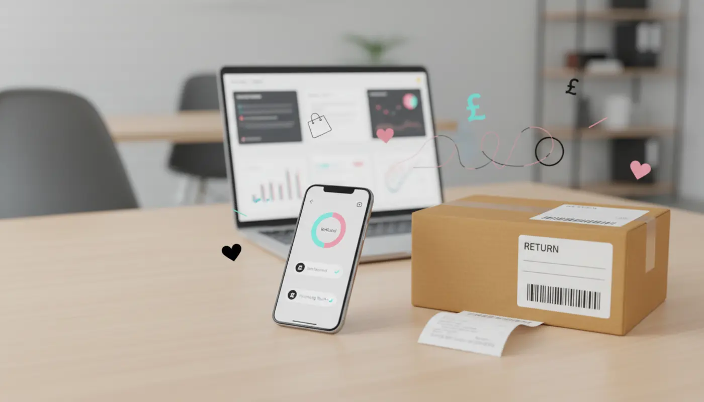 UK TikTok Shop refund and returns process with parcel, receipt and smartphone tracking.