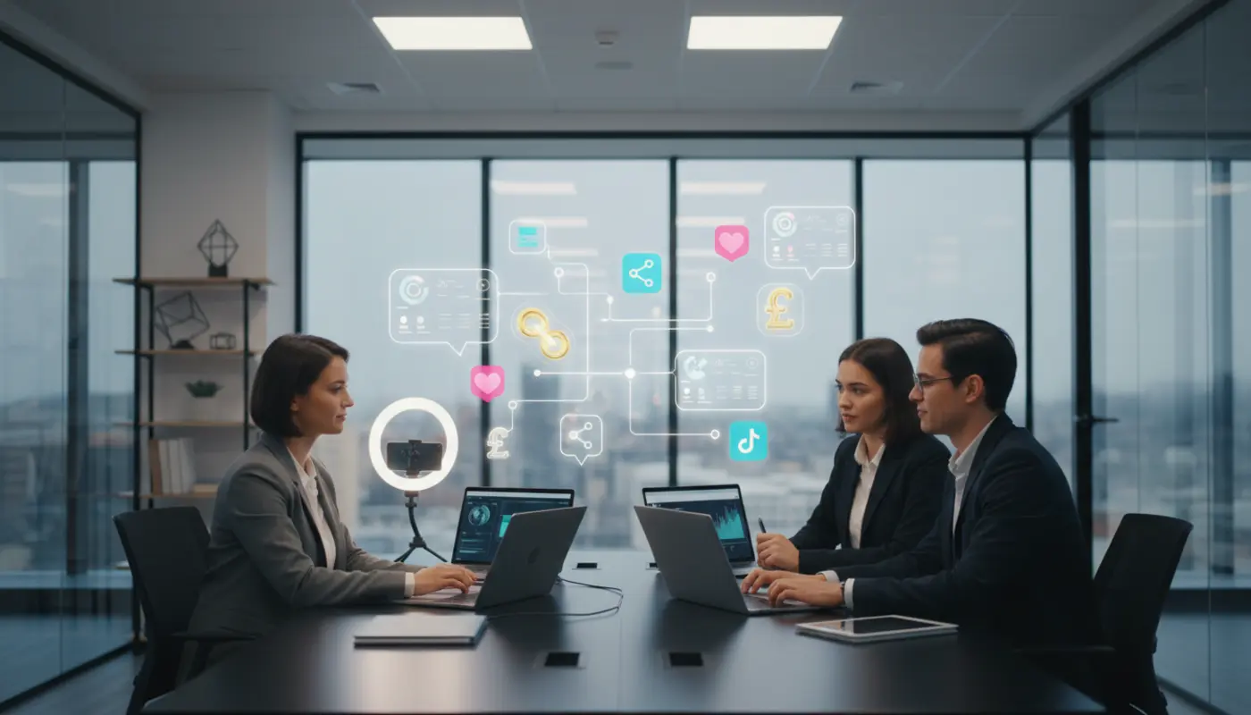 UK TikTok Shop team collaborating with creators and analytics to drive ecommerce growth in a modern office.