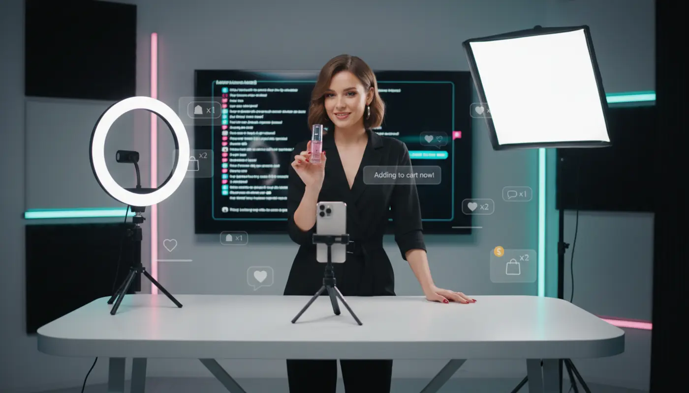 UK TikTok LIVE studio with creator presenting products, clear setup and engagement icons showing structured live selling.