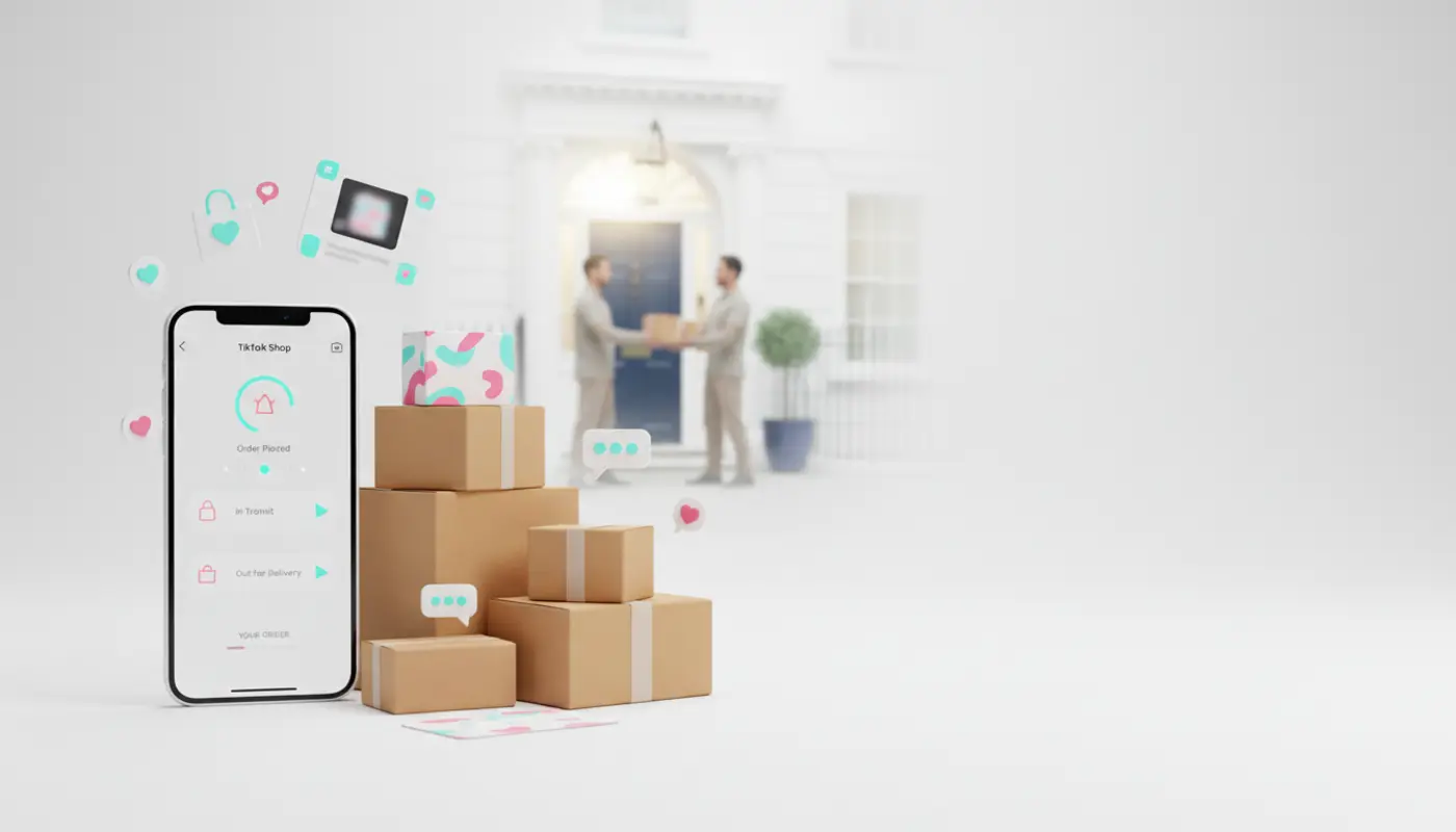 TikTok Shop delivery tracking on a smartphone with parcels in a clean UK ecommerce setting