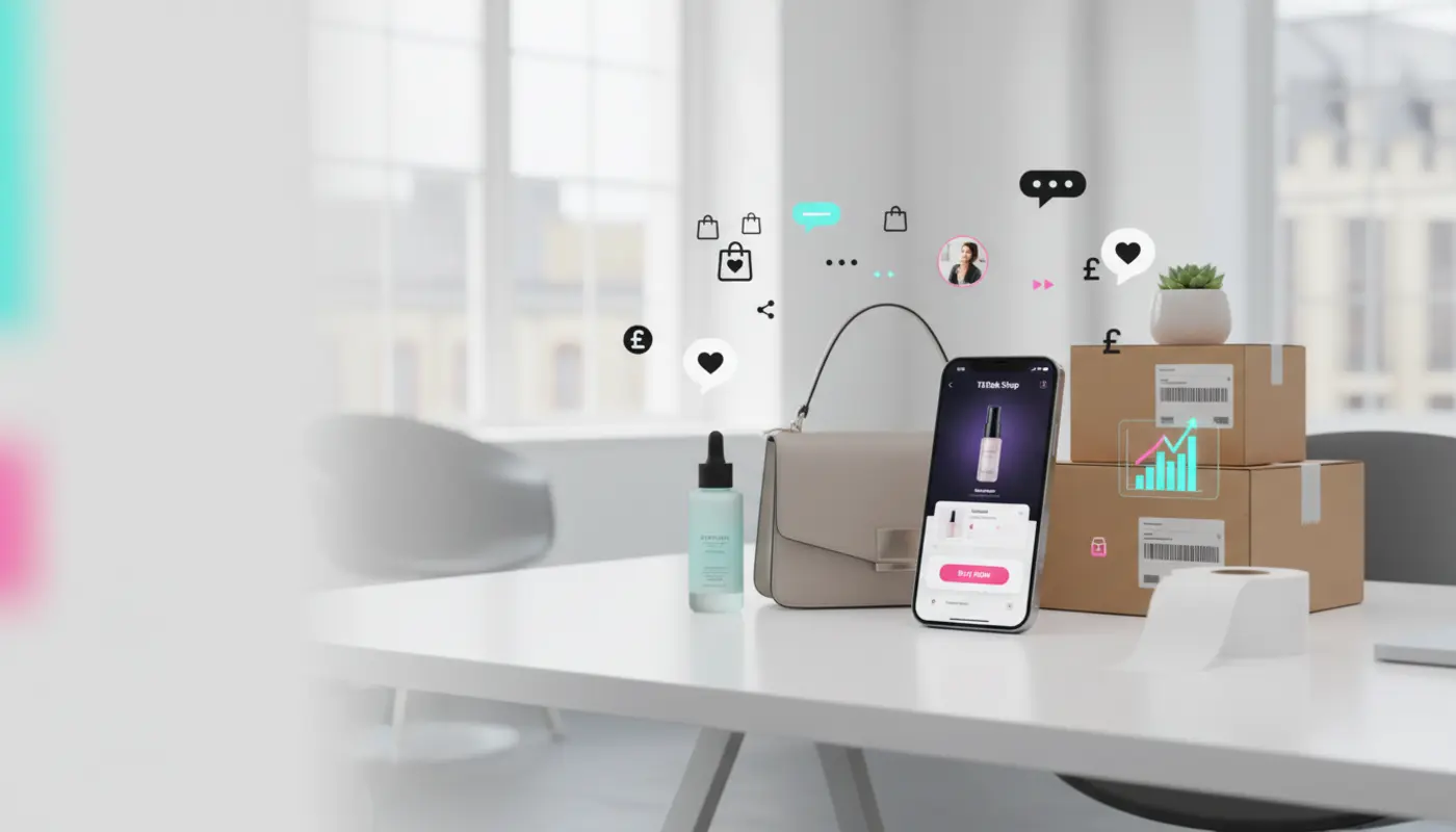 UK TikTok Shop optimisation scene with products, analytics and sales growth icons