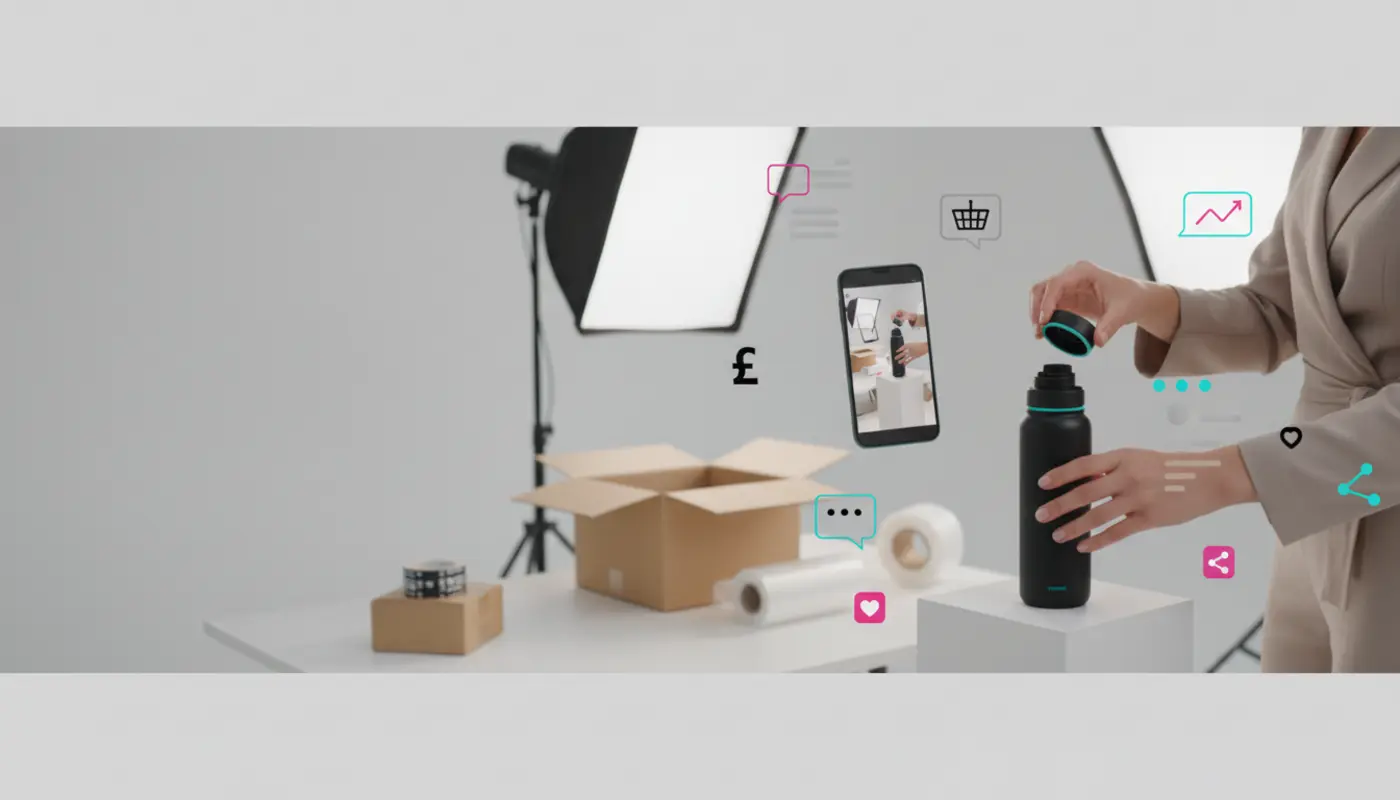 UK TikTok Shop seller filming product videos for ecommerce growth in a bright studio.