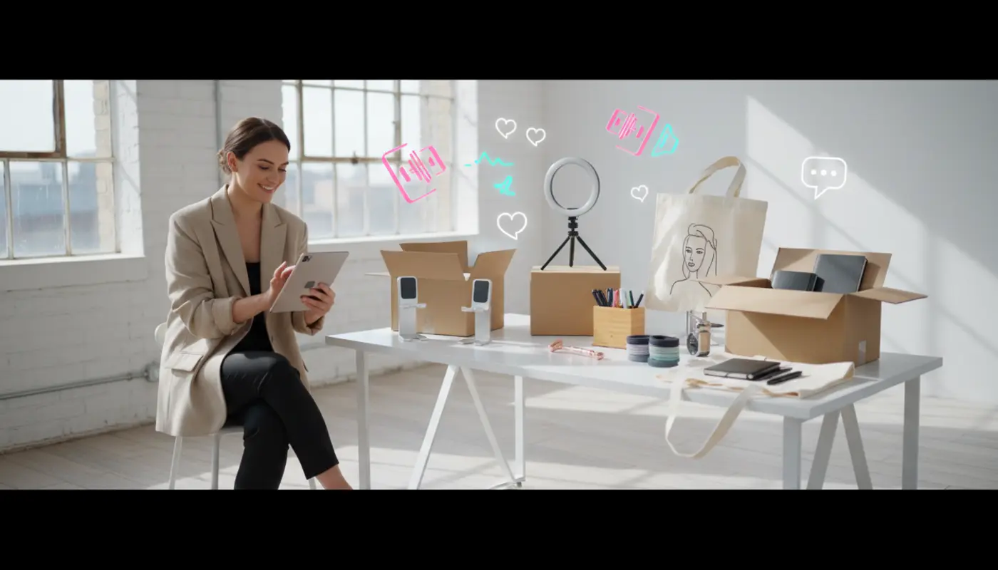 UK TikTok Shop seller reviewing beginner product ideas in a clean ecommerce studio
