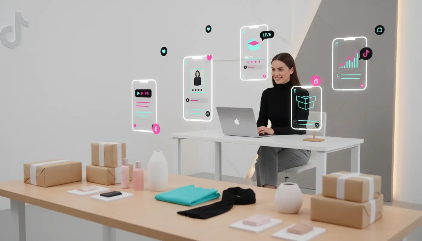 UK TikTok Shop marketing dashboard with products, creators and social commerce icons
