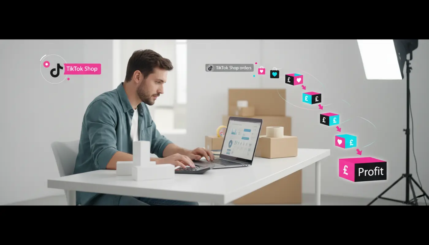 UK TikTok Shop seller reviewing fees and profit margins in a clean ecommerce studio.