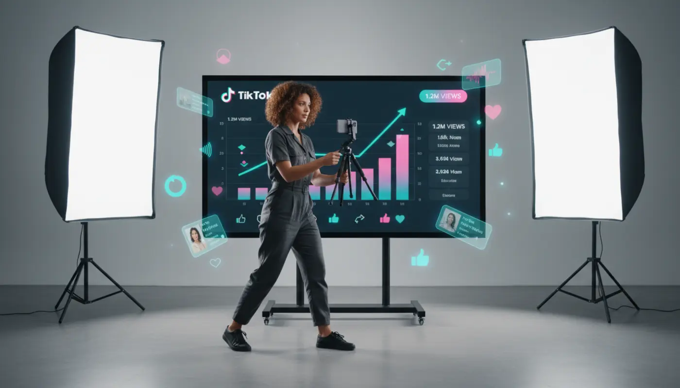 UK TikTok creator filming content in studio with growth analytics and engagement icons showing brand awareness strategy.