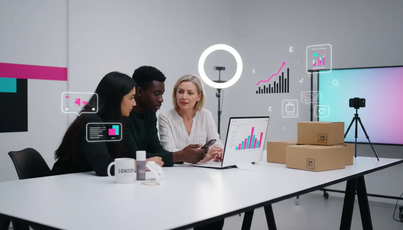UK TikTok Shop creators planning product demos and sales growth in a modern ecommerce studio.