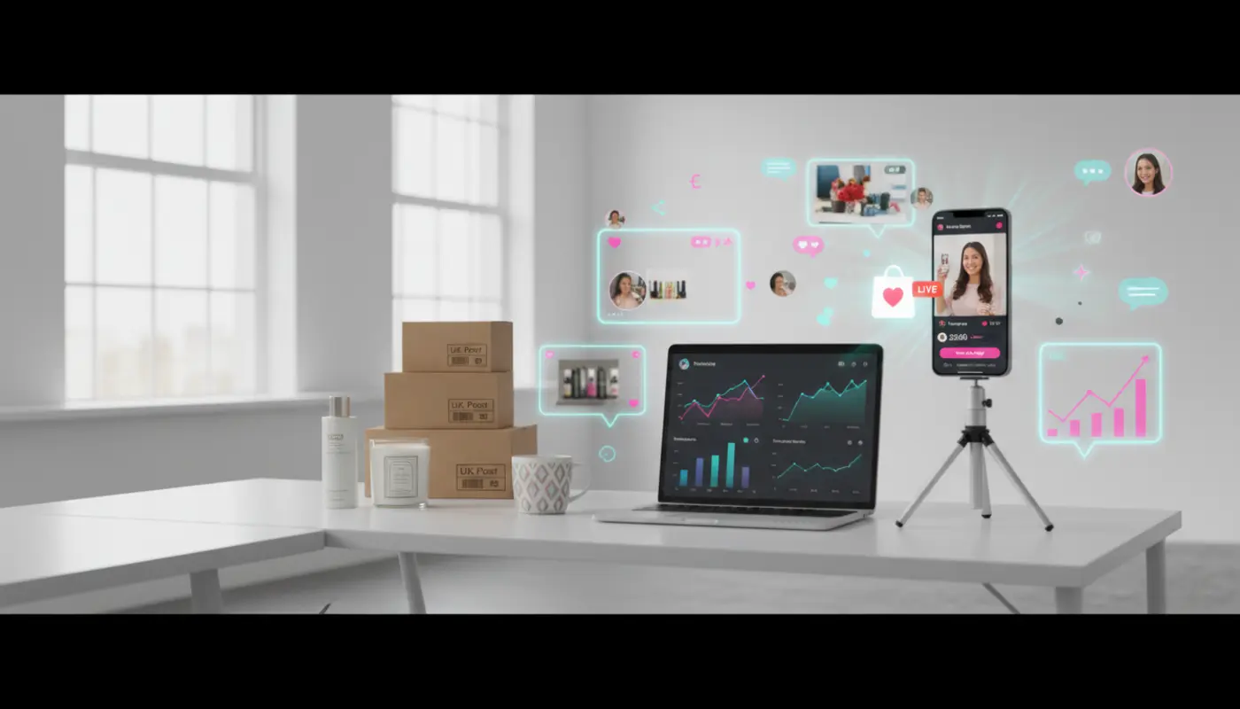 UK TikTok Shop promotion strategy with shoppable videos, product sales dashboard and ecommerce studio setup.