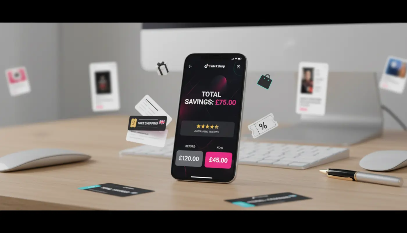 TikTok Shop UK checkout with vouchers, free shipping and £ savings for smart deal comparison.
