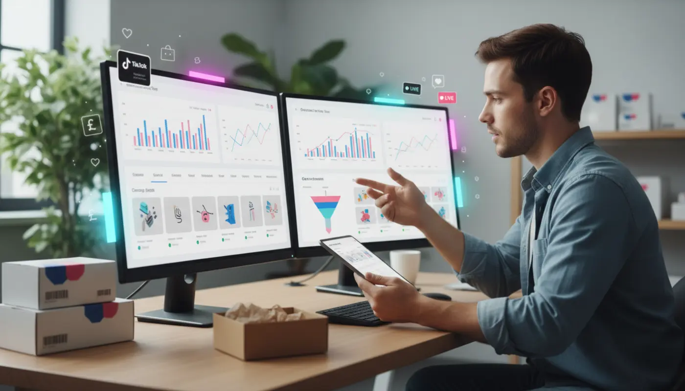 UK TikTok Shop seller reviewing sales dashboard analytics for orders, revenue and product performance.